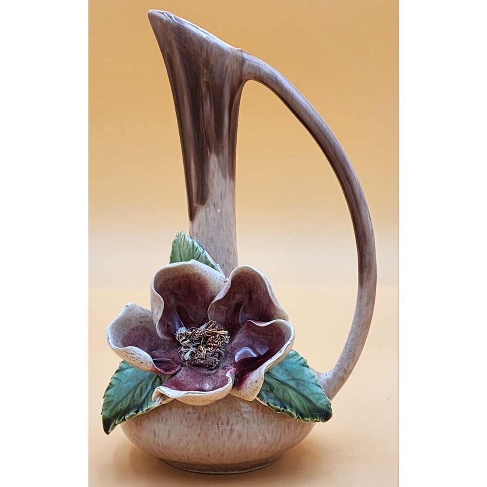 Vintage VEE JACKSON Pottery 7 1/2" Bud Vase w/Handle & Magnolia Flower